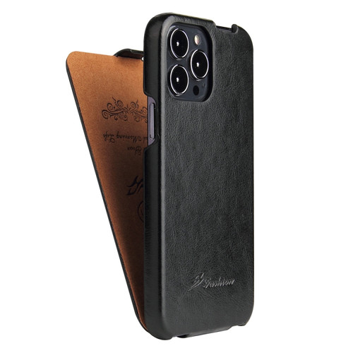 iPhone 13 mini Fierre Shann Retro Oil Wax Texture Vertical Flip PU Leather Case - Black